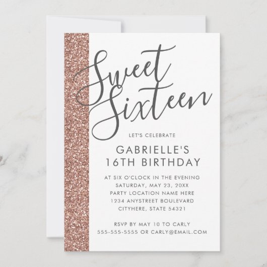 Moderne Roos Gold Pink Glitter Sweet 16 Uitnodigin Aankondiging (Voorkant)