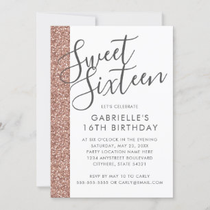 Moderne Roos Gold Pink Glitter Sweet 16 Uitnodigin Aankondiging