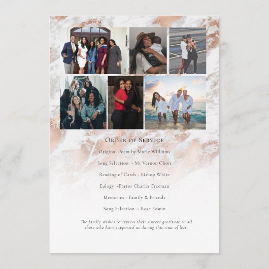 Moderne Roos Gold Pink Marble Memorial Funeral Programmakaart (Achterkant)