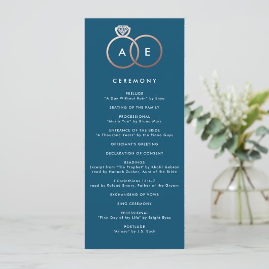 Moderne Roos Gold Rings Custom Wedding Program Programmakaart (Staand voorkant)