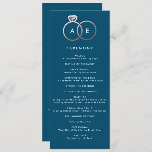 Moderne Roos Gold Rings Custom Wedding Program Programmakaart (Voorkant / Achterkant)