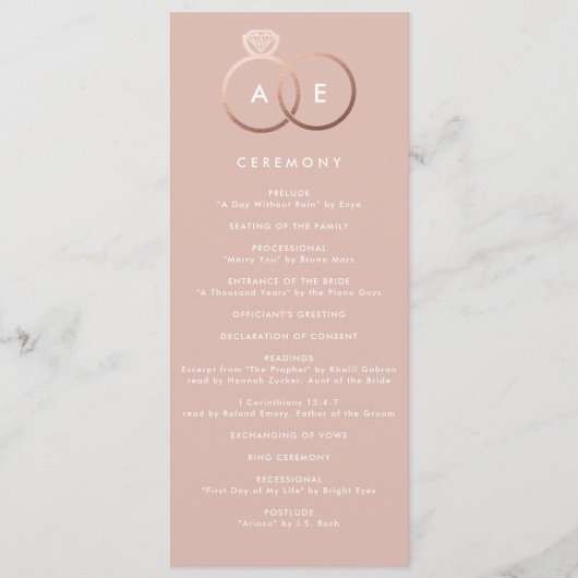 Moderne Roos Gold Rings Custom Wedding Program Programmakaart (Voorkant)