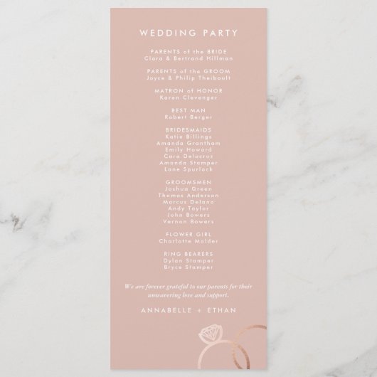 Moderne Roos Gold Rings Custom Wedding Program Programmakaart (Achterkant)