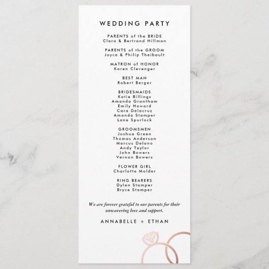Moderne Roos Gold Rings Custom Wedding Program Programmakaart (Achterkant)