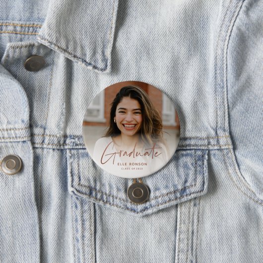 Moderne Roos Gold Script Afstuderen Foto Ronde Button 7,6 Cm (In situ)