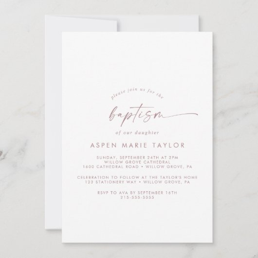 Moderne Roos Gold Script Baptism-uitnodiging Kaart (Voorkant)