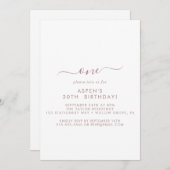 Moderne Roos Gold Script First Birthday Party Kaart (Voorkant / Achterkant)