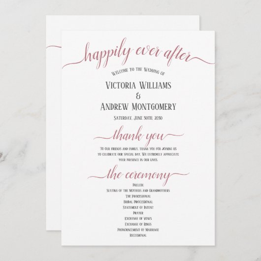 Moderne Roos Gold Script Minimal Wedding Ceremony Programmakaart (Voorkant / Achterkant)