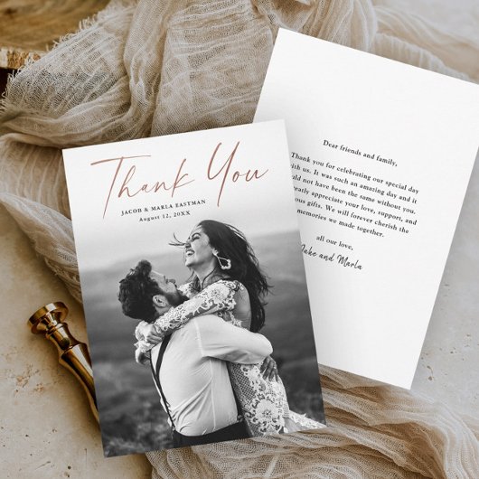 Moderne Roos Gold Script Photo Wedding Bedankkaart