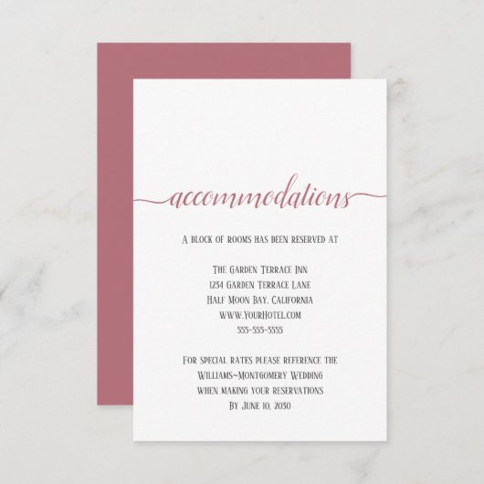 Moderne Roos Gold Script Wedding Accommodations Informatiekaartje (Voorkant / Achterkant)