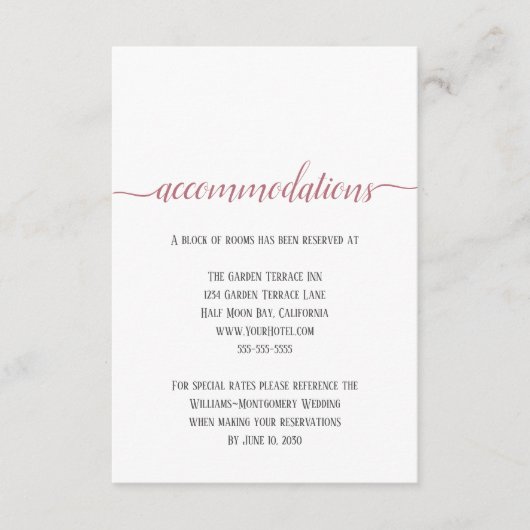 Moderne Roos Gold Script Wedding Accommodations Informatiekaartje (Voorkant)