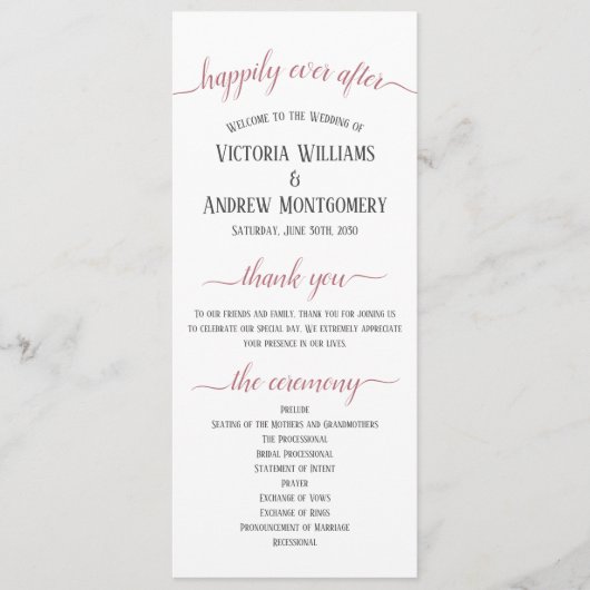 Moderne Roos Gold Script Wedding Ceremony Programmakaart (Voorkant)