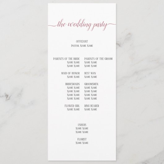 Moderne Roos Gold Script Wedding Ceremony Programmakaart (Achterkant)
