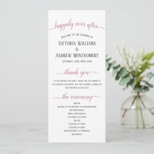 Moderne Roos Gold Script Wedding Ceremony Programmakaart (Staand voorkant)