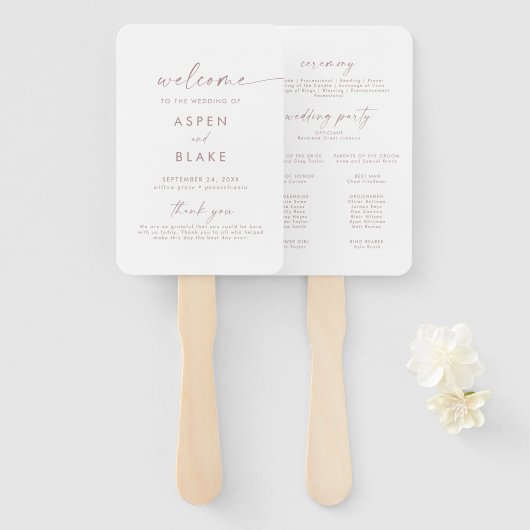 Moderne Roos Gold Script Wedding Program Handwaaier (Voorkant en achterkant)