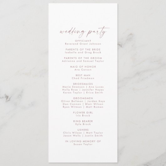Moderne Roos Gold Script Wedding Program Programmakaart (Achterkant)