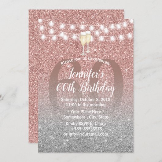 Moderne Roos Gold & Silver Glitter 60e verjaardag Kaart (Voorkant / Achterkant)