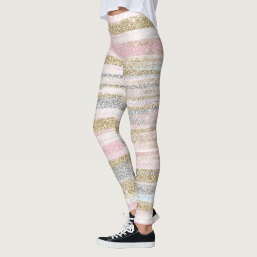 Moderne Roos Gold Silver Glitter Strokes Stripes Leggings (Links)