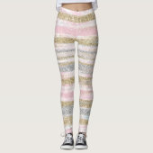 Moderne Roos Gold Silver Glitter Strokes Stripes Leggings (Voorkant)