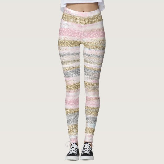 Moderne Roos Gold Silver Glitter Strokes Stripes Leggings (Voorkant)