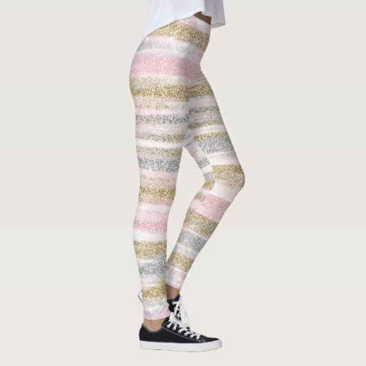 Moderne Roos Gold Silver Glitter Strokes Stripes Leggings (Rechts)