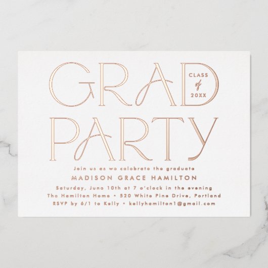 Moderne Roos Gold Typografie Graduation Party Folie Uitnodiging (Voorkant)