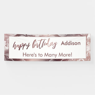 Moderne Roos Gold & White marble Happy Birthday Spandoek