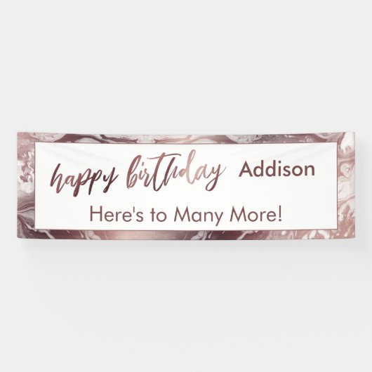 Moderne Roos Gold & White marble Happy Birthday Spandoek (Horizontaal)