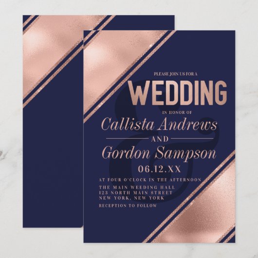 Moderne Roos Gold White Stripe Corner Wedding Kaart (Voorkant / Achterkant)