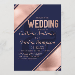 Moderne Roos Gold White Stripe Corner Wedding Kaart