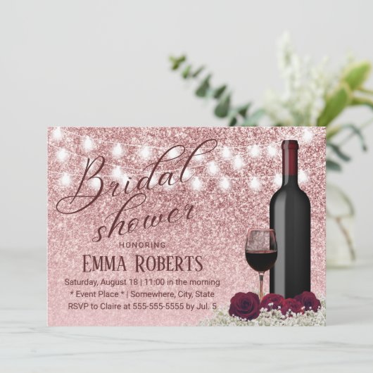 Moderne Roos Gold Wine & Flowers Vrijgezellenfeest Kaart (Staand voorkant)