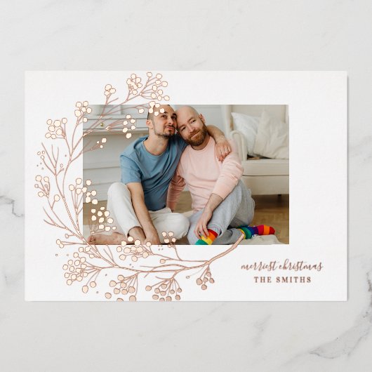 Moderne ROOS Gold Winter Merry-kerstfoto Folie Feestdagenkaart (Voorkant)