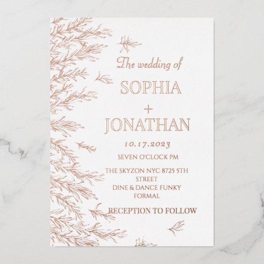 Moderne roos gouden bladeren trouwuitnodiging folie uitnodiging (Voorkant)