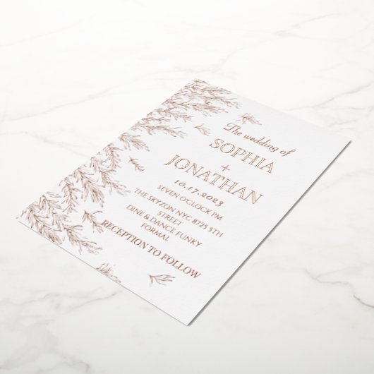 Moderne roos gouden bladeren trouwuitnodiging folie uitnodiging (Gedraaid)