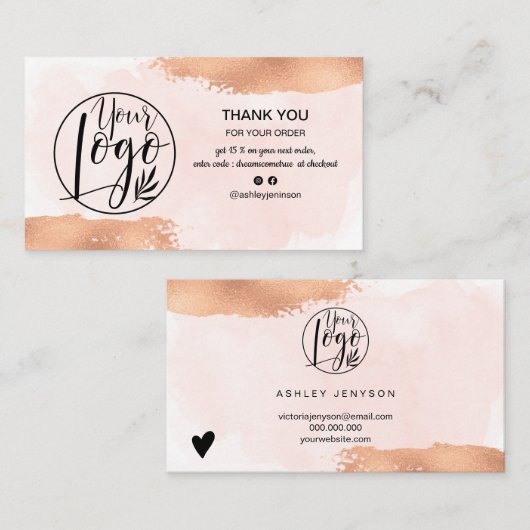 Moderne roos gouden borstelroze logo bedankt visitekaartje (Voorkant / Achterkant)