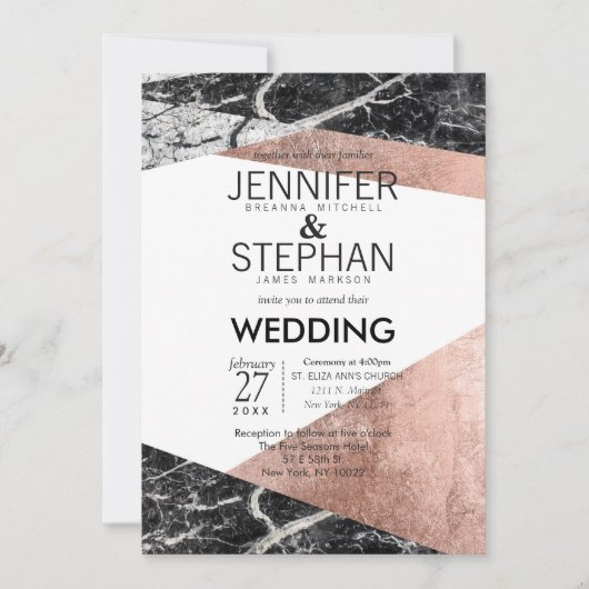 Moderne Roos gouden en marmeren huwelijksuitnodigi Kaart (Voorkant)