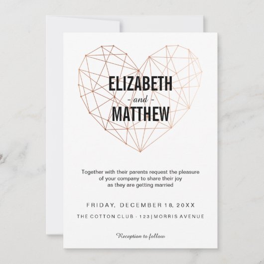 Moderne roos gouden geometrische hartbruiloft kaart (Voorkant)