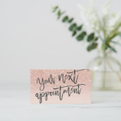 Moderne roos gouden glitter blush script typografi afsprakenkaartje (Staand voorkant)