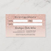 Moderne roos gouden glitter blush script typografi afsprakenkaartje (Achterkant)
