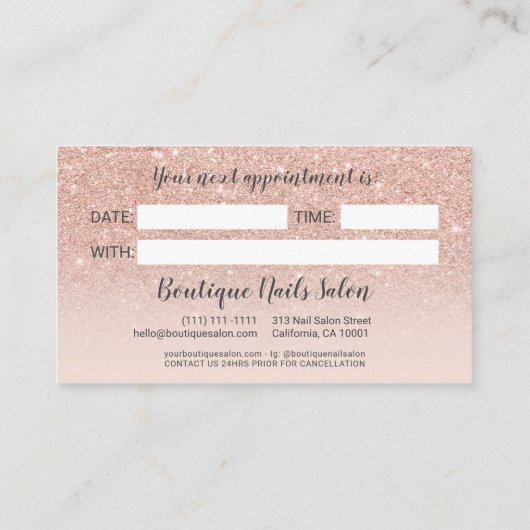 Moderne roos gouden glitter blush script typografi afsprakenkaartje (Achterkant)