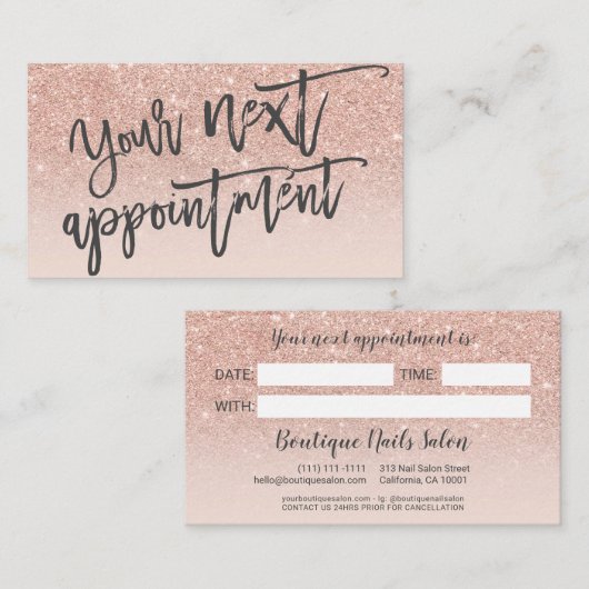 Moderne roos gouden glitter blush script typografi afsprakenkaartje (Voorkant / Achterkant)