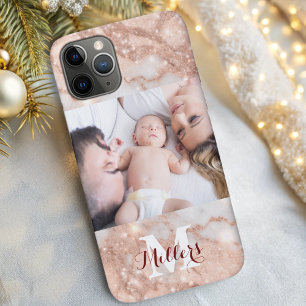 Moderne roos gouden glitter marmeren monogram foto Case-Mate iPhone case