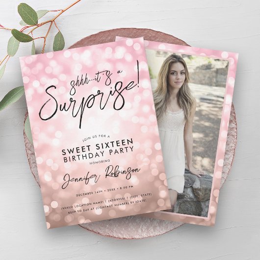 Moderne Roos gouden lichten foto Surprise Sweet 16 Kaart