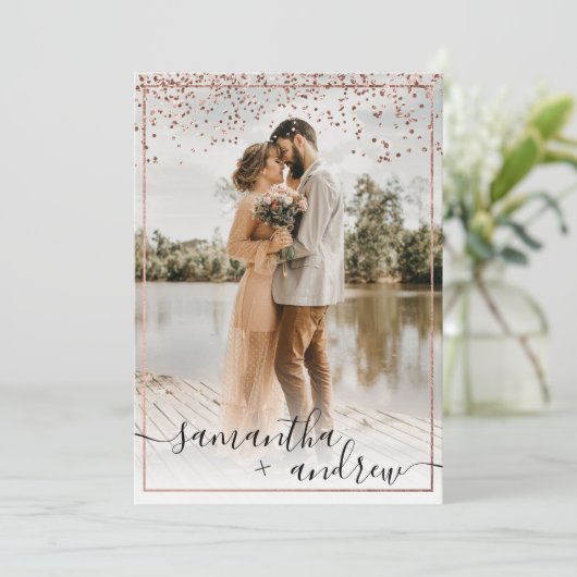 Moderne roos gouden lijst script 5 foto's bruiloft kaart (Staand voorkant)