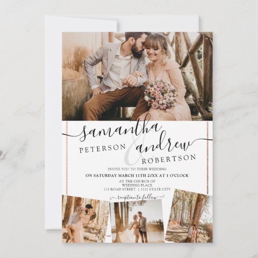 Moderne roos gouden lijst script 5 foto's bruiloft kaart (Achterkant)