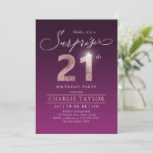 Moderne roos gouden paarse verrassing 21ste verjaa kaart (Staand voorkant)