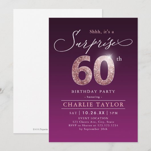 Moderne roos gouden paarse verrassing 60ste verjaa kaart (Voorkant / Achterkant)