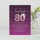 Moderne roos gouden paarse verrassing 80ste verjaa kaart (Staand voorkant)