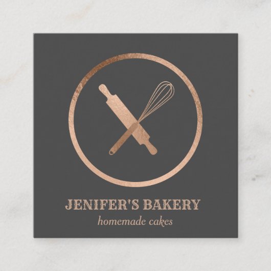 Moderne roos gouden rollende pin whisk chef bakker vierkante visitekaartje (Voorkant)
