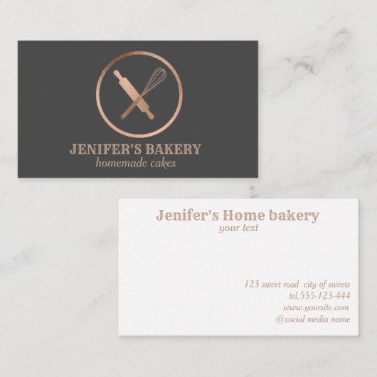 Moderne roos gouden rollende pin whisk chef bakker visitekaartje (Voorkant / Achterkant)